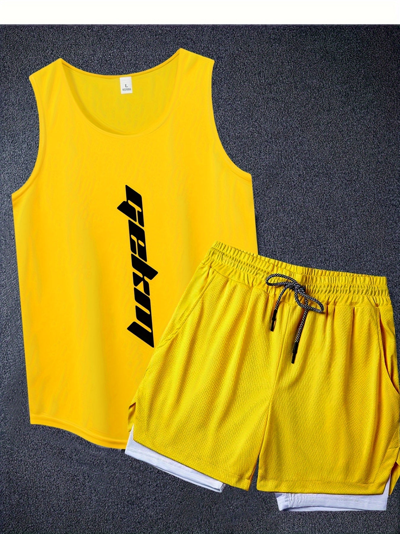 2-Pack Men's Summer Fashion Co-Ord Set - Letter Print Tank Top & 2-In-1 Drawstring Shorts - Chic, Stylish, Breathable, Quick-Drying, Fitness-Friendly, Running-Ready, Training-Approved Sportswear for Active Men