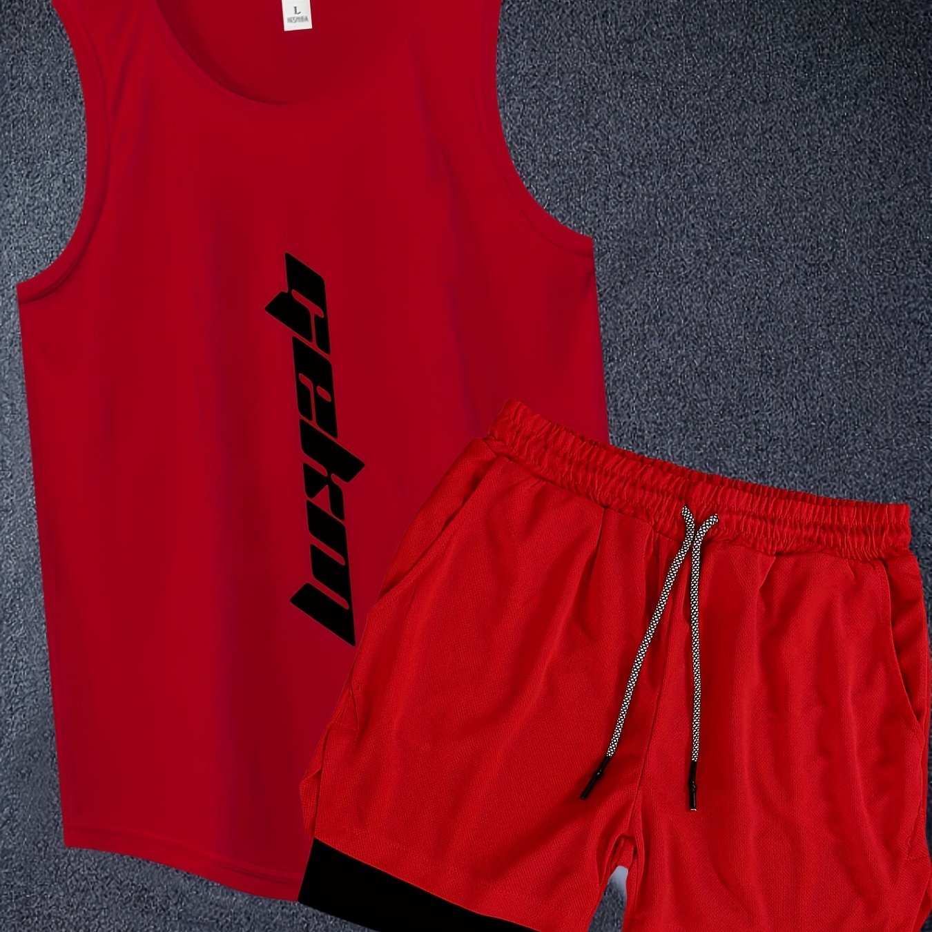 2-Pack Men's Summer Fashion Co-Ord Set - Letter Print Tank Top & 2-In-1 Drawstring Shorts - Chic, Stylish, Breathable, Quick-Drying, Fitness-Friendly, Running-Ready, Training-Approved Sportswear for Active Men