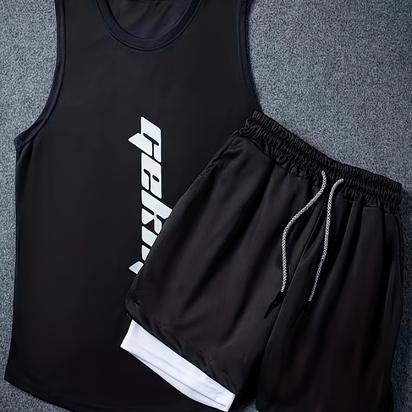 2-Pack Men's Summer Fashion Co-Ord Set - Letter Print Tank Top & 2-In-1 Drawstring Shorts - Chic, Stylish, Breathable, Quick-Drying, Fitness-Friendly, Running-Ready, Training-Approved Sportswear for Active Men