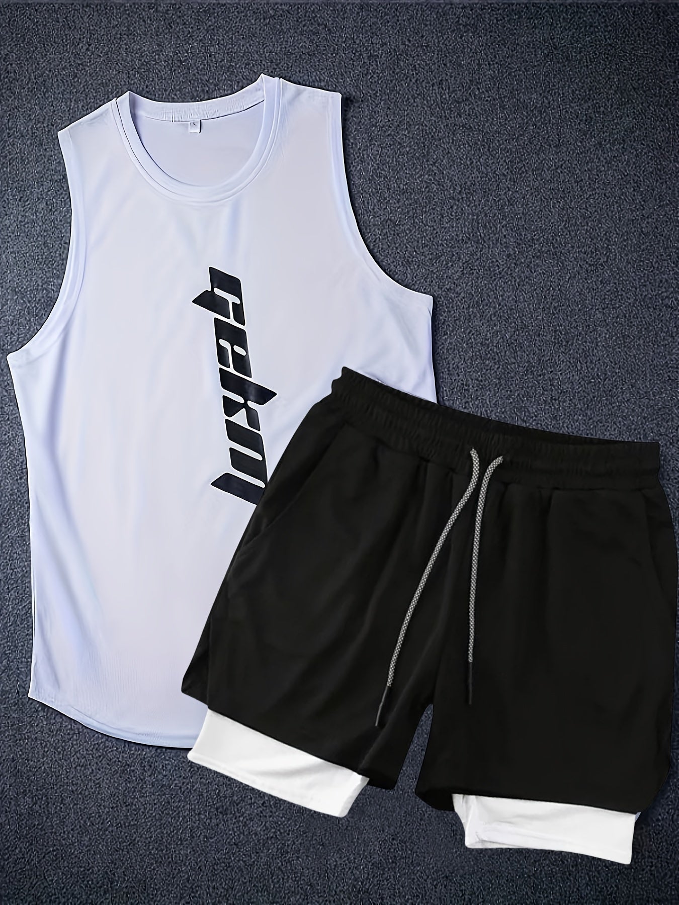 2-Pack Men's Summer Fashion Co-Ord Set - Letter Print Tank Top & 2-In-1 Drawstring Shorts - Chic, Stylish, Breathable, Quick-Drying, Fitness-Friendly, Running-Ready, Training-Approved Sportswear for Active Men
