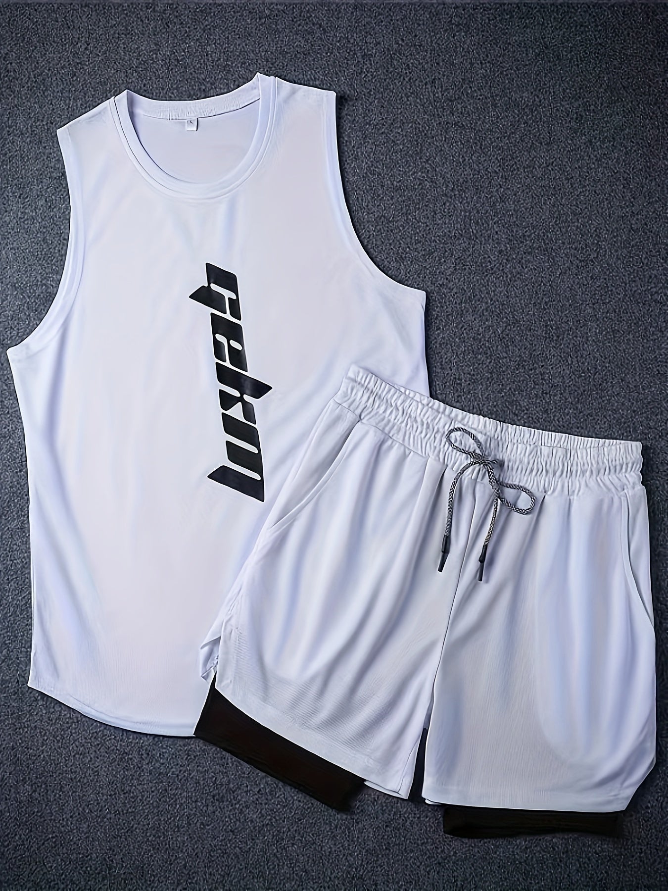 2-Pack Men's Summer Fashion Co-Ord Set - Letter Print Tank Top & 2-In-1 Drawstring Shorts - Chic, Stylish, Breathable, Quick-Drying, Fitness-Friendly, Running-Ready, Training-Approved Sportswear for Active Men