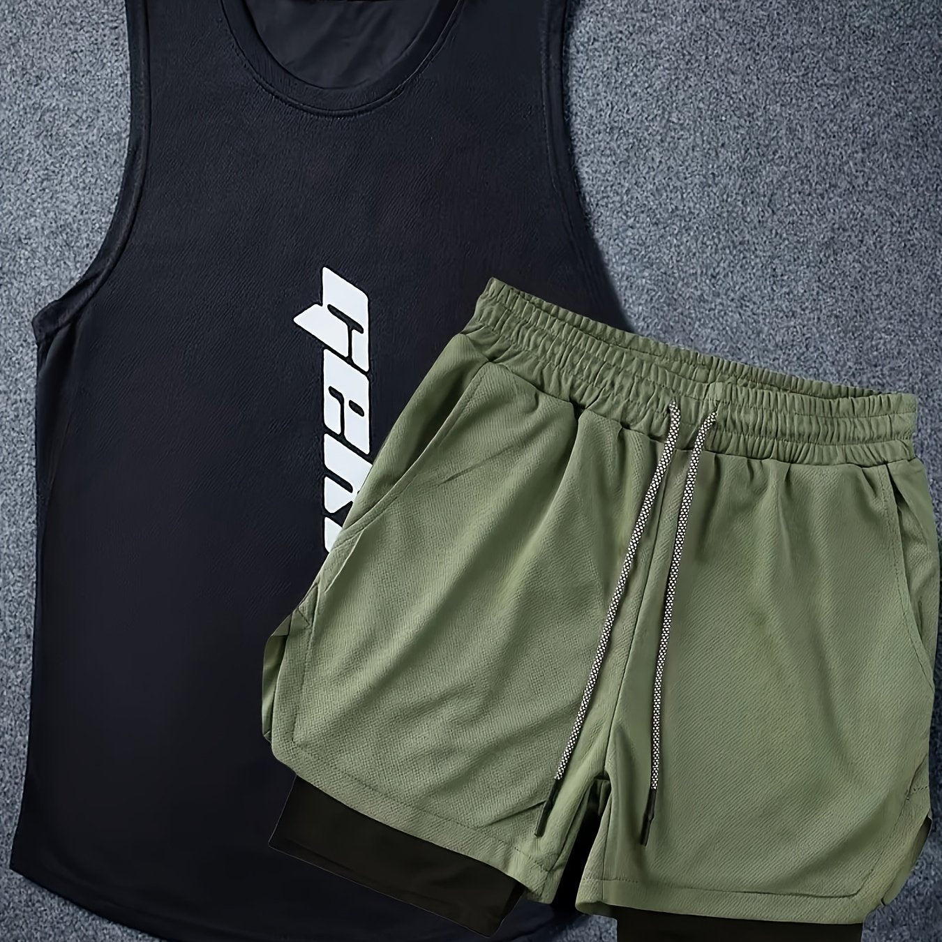 2-Pack Men's Summer Fashion Co-Ord Set - Letter Print Tank Top & 2-In-1 Drawstring Shorts - Chic, Stylish, Breathable, Quick-Drying, Fitness-Friendly, Running-Ready, Training-Approved Sportswear for Active Men