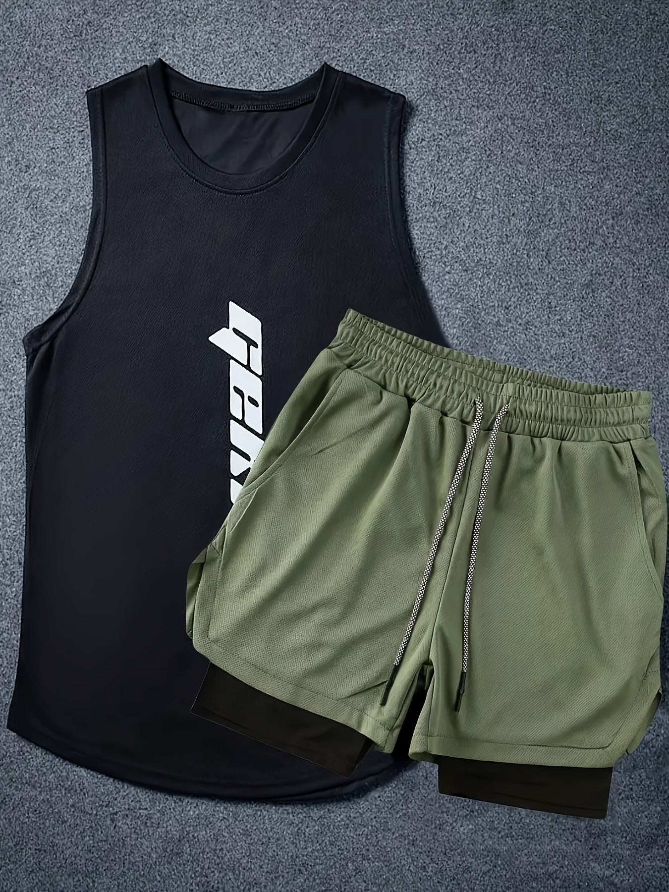2-Pack Men's Summer Fashion Co-Ord Set - Letter Print Tank Top & 2-In-1 Drawstring Shorts - Chic, Stylish, Breathable, Quick-Drying, Fitness-Friendly, Running-Ready, Training-Approved Sportswear for Active Men