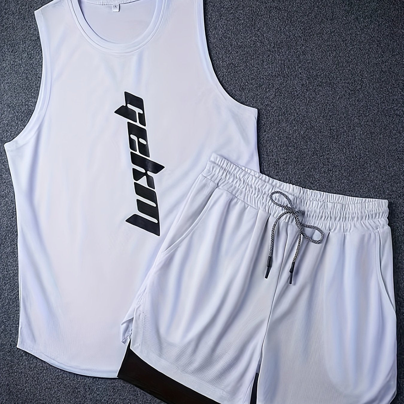 2-Pack Men's Summer Fashion Co-Ord Set - Letter Print Tank Top & 2-In-1 Drawstring Shorts - Chic, Stylish, Breathable, Quick-Drying, Fitness-Friendly, Running-Ready, Training-Approved Sportswear for Active Men