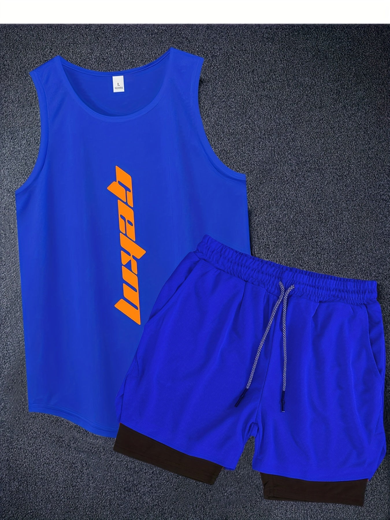 2-Pack Men's Summer Fashion Co-Ord Set - Letter Print Tank Top & 2-In-1 Drawstring Shorts - Chic, Stylish, Breathable, Quick-Drying, Fitness-Friendly, Running-Ready, Training-Approved Sportswear for Active Men