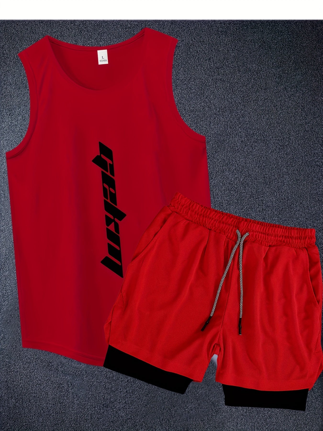 2-Pack Men's Summer Fashion Co-Ord Set - Letter Print Tank Top & 2-In-1 Drawstring Shorts - Chic, Stylish, Breathable, Quick-Drying, Fitness-Friendly, Running-Ready, Training-Approved Sportswear for Active Men