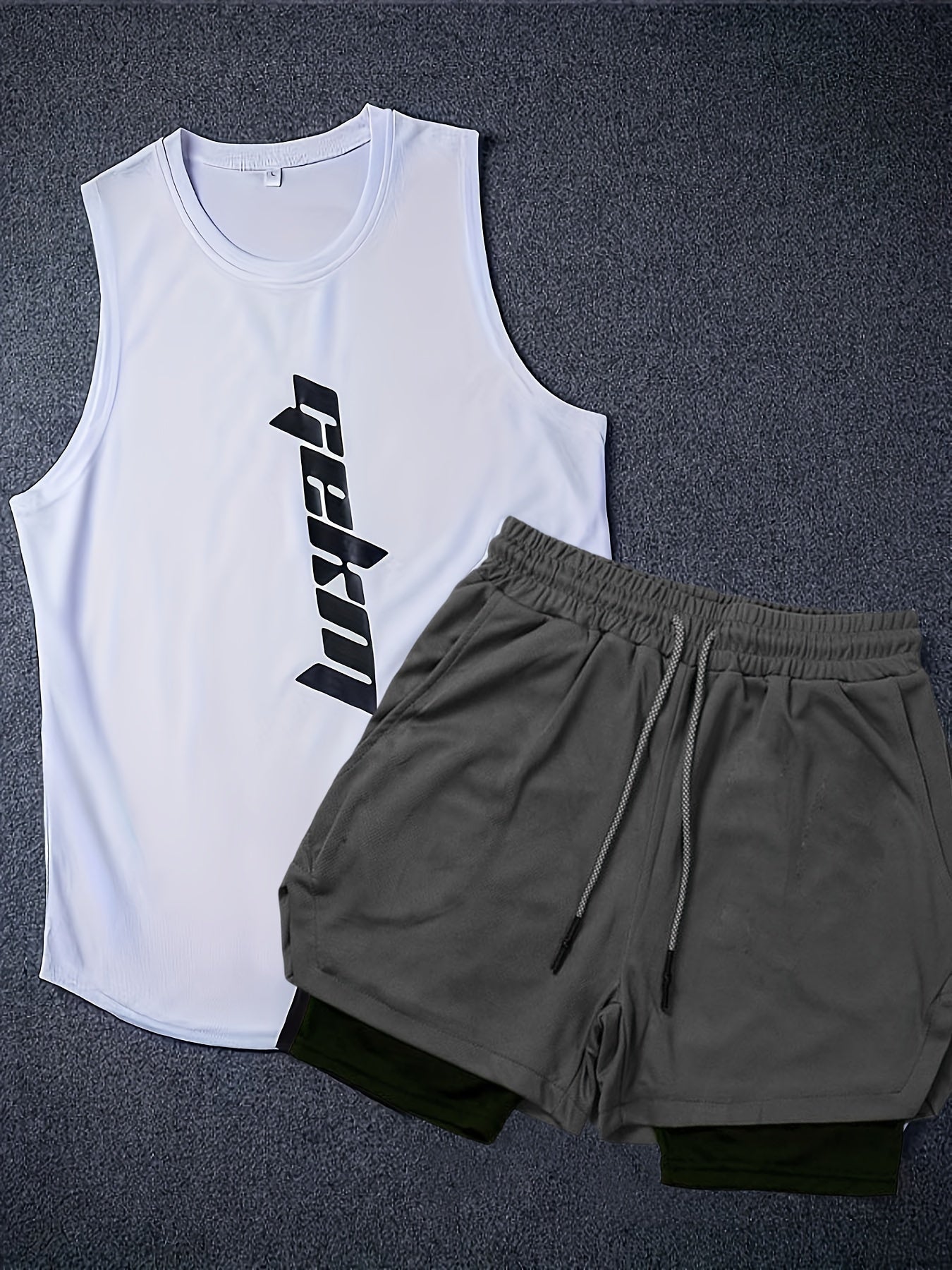 2-Pack Men's Summer Fashion Co-Ord Set - Letter Print Tank Top & 2-In-1 Drawstring Shorts - Chic, Stylish, Breathable, Quick-Drying, Fitness-Friendly, Running-Ready, Training-Approved Sportswear for Active Men