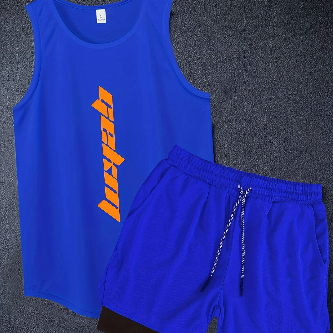 2-Pack Men's Summer Fashion Co-Ord Set - Letter Print Tank Top & 2-In-1 Drawstring Shorts - Chic, Stylish, Breathable, Quick-Drying, Fitness-Friendly, Running-Ready, Training-Approved Sportswear for Active Men