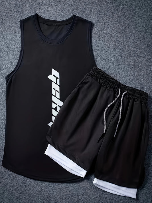 2-Pack Men's Summer Fashion Co-Ord Set - Letter Print Tank Top & 2-In-1 Drawstring Shorts - Chic, Stylish, Breathable, Quick-Drying, Fitness-Friendly, Running-Ready, Training-Approved Sportswear for Active Men