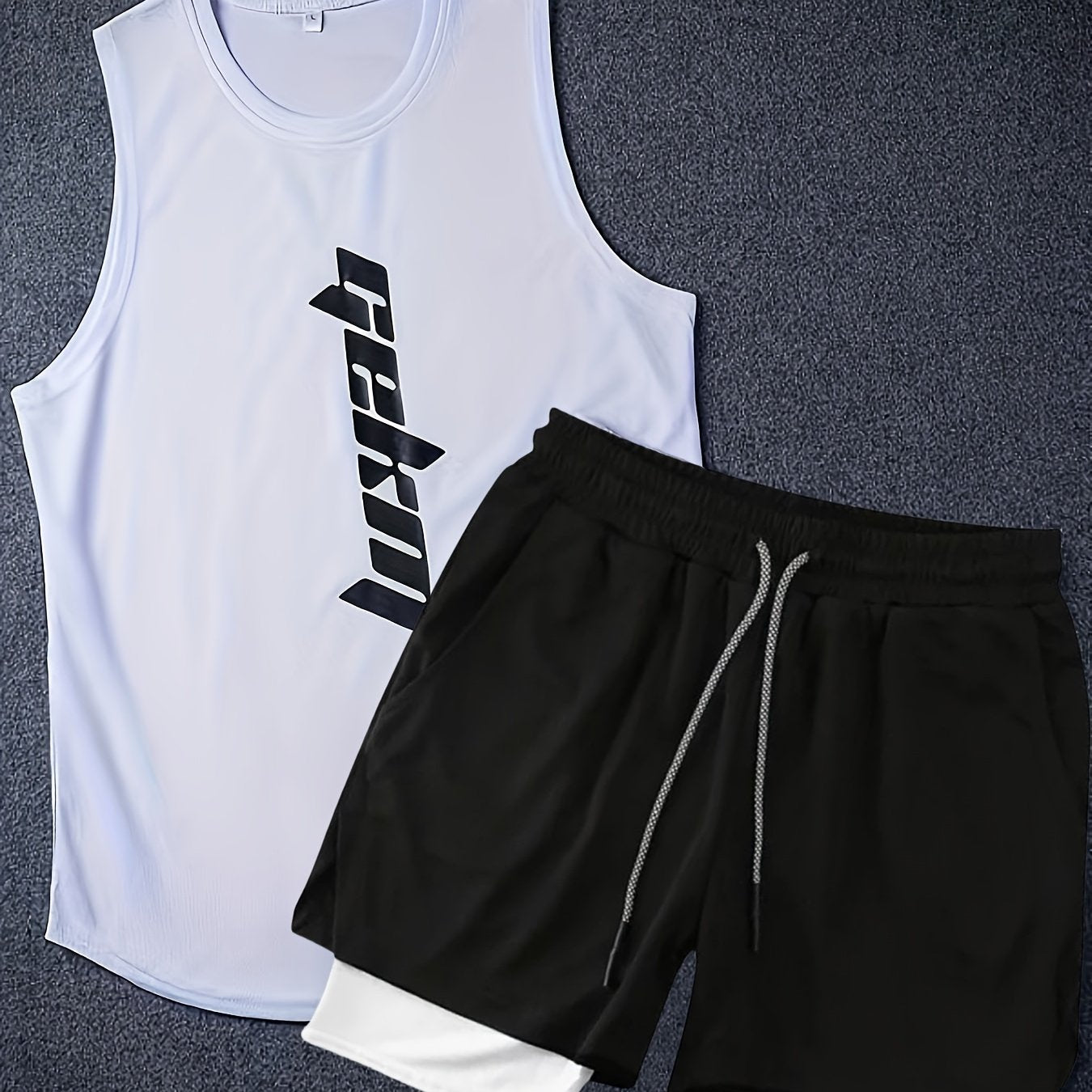 2-Pack Men's Summer Fashion Co-Ord Set - Letter Print Tank Top & 2-In-1 Drawstring Shorts - Chic, Stylish, Breathable, Quick-Drying, Fitness-Friendly, Running-Ready, Training-Approved Sportswear for Active Men