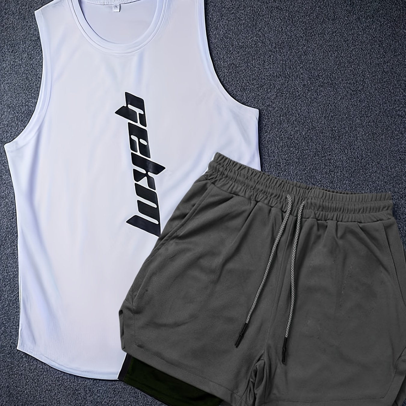 2-Pack Men's Summer Fashion Co-Ord Set - Letter Print Tank Top & 2-In-1 Drawstring Shorts - Chic, Stylish, Breathable, Quick-Drying, Fitness-Friendly, Running-Ready, Training-Approved Sportswear for Active Men